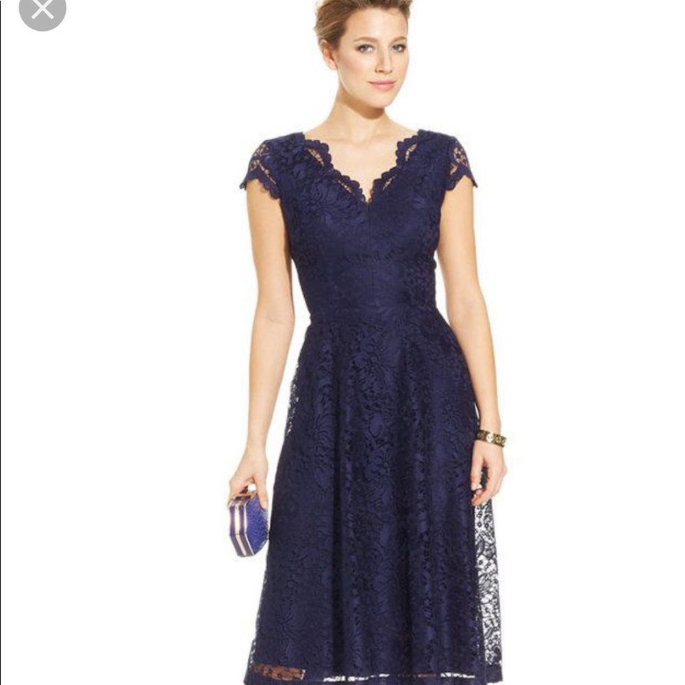Navy blue cap-sleeve scalloped lace dress